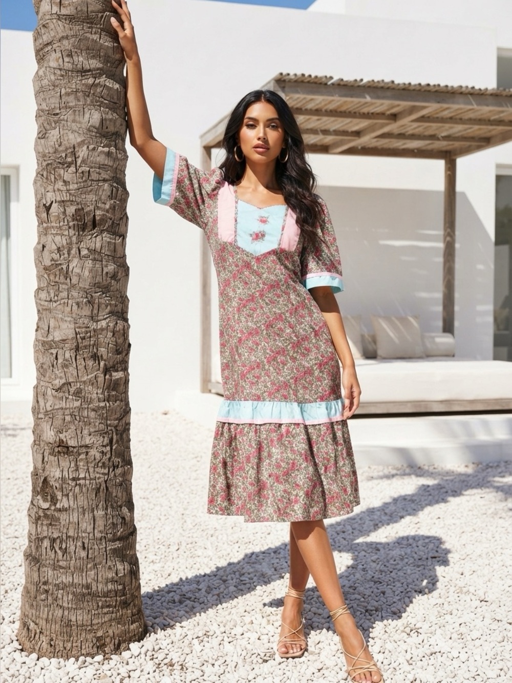 Vintage Hawaiian Floral Midi Dress Medium